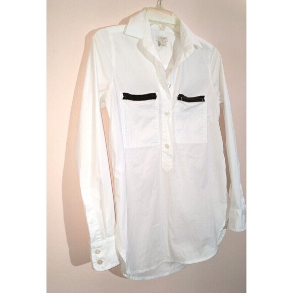 J CREW sz XXS 2XS 97% Cotton Stretch White Black Bead Pockets Classic Blouse - Picture 3 of 6